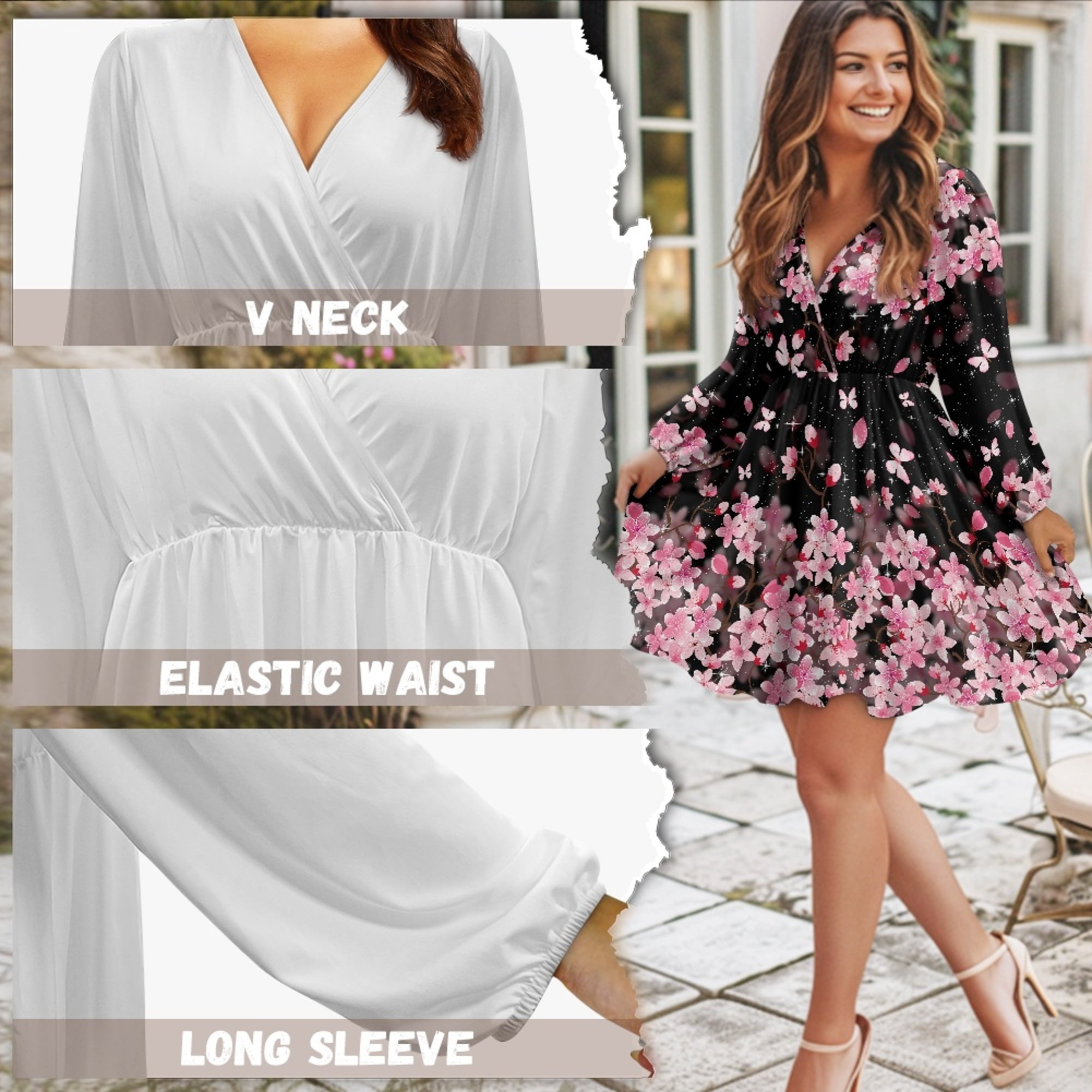 Yuyamidu Cherry Blossom Long Sleeve Dress Size L Fashion Women Knee Length Pleated Midi Dress A-Line Casual Dress Pink Fall Winter Outdoor Dress for Teen Gilrs