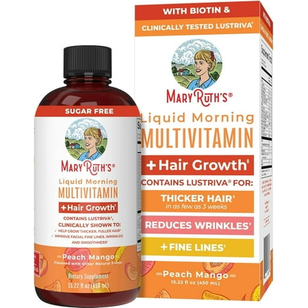 MaryRuth Organics Liquid Multivitamin + Lustriva Hair Growth, Biotin 10000mcg, Clinically Tested Women for Thicker Hair & Facial Wrinkles, 15.22 fl oz