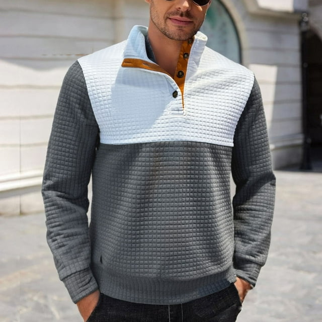 Mens Button Mock Neck Sweatshirts Long Sleeve Shirts Casual Color Block Checkered Pullover Breathable Basic Athletic Workout Sweatshirt Tops