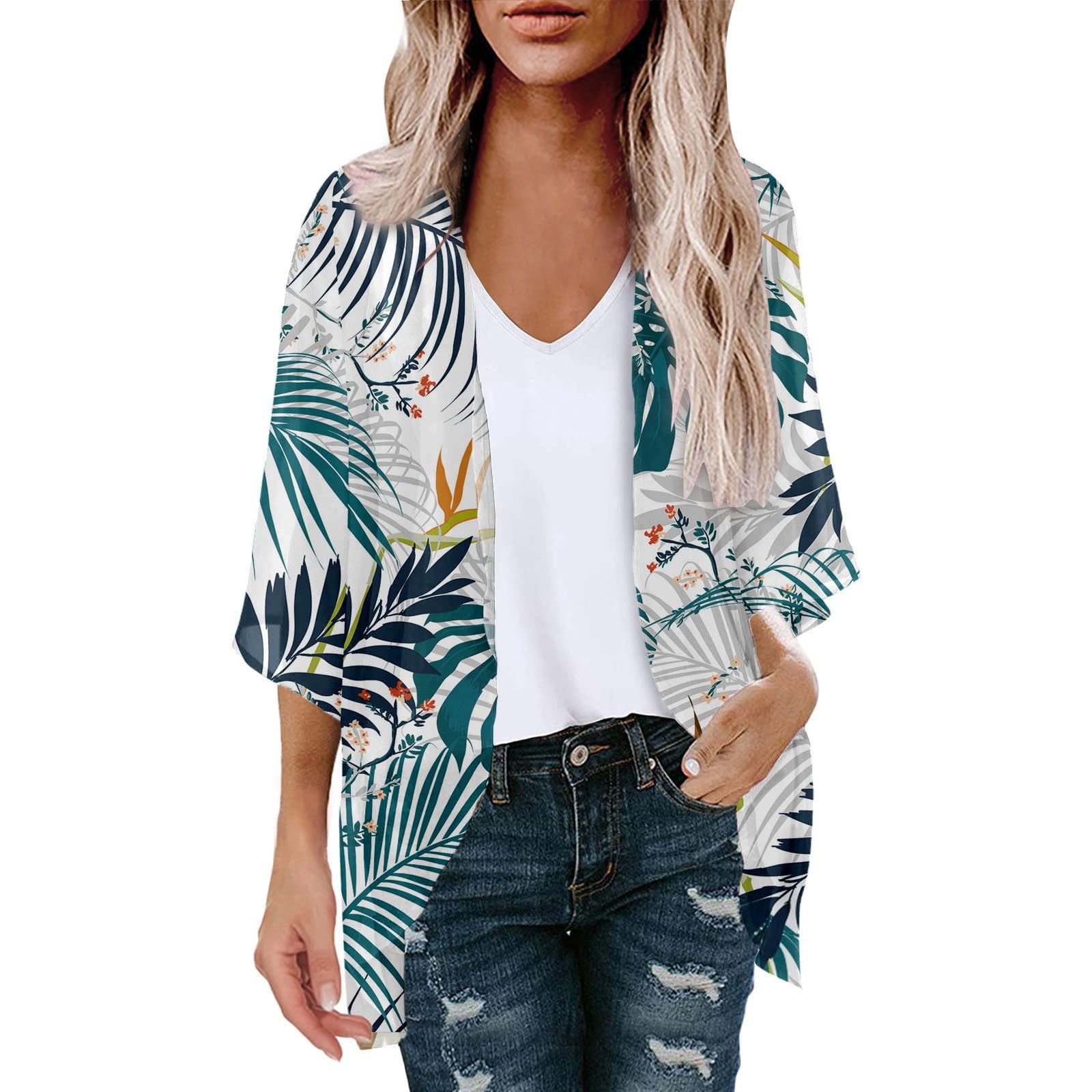 Bayhug Cotton Knit Full Sleeves Front Open Top with Lace Detailing & Floral Print - White