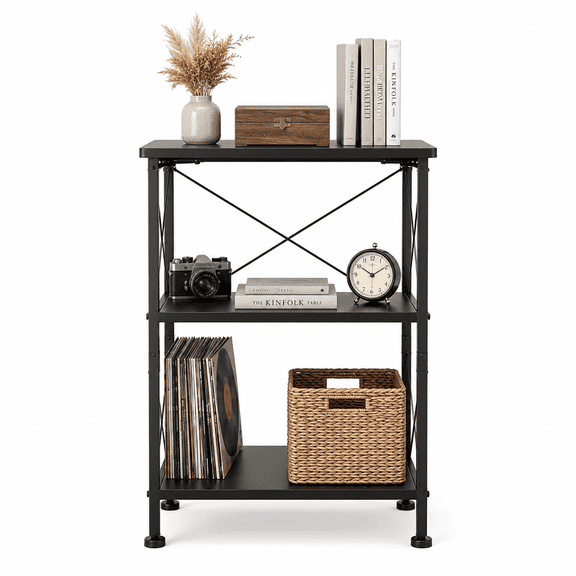 3-Tier Bookshelf, Small Industrial Storage Shelf, Metal Bookcase for Home Office, Living Room, Bedroom, Black