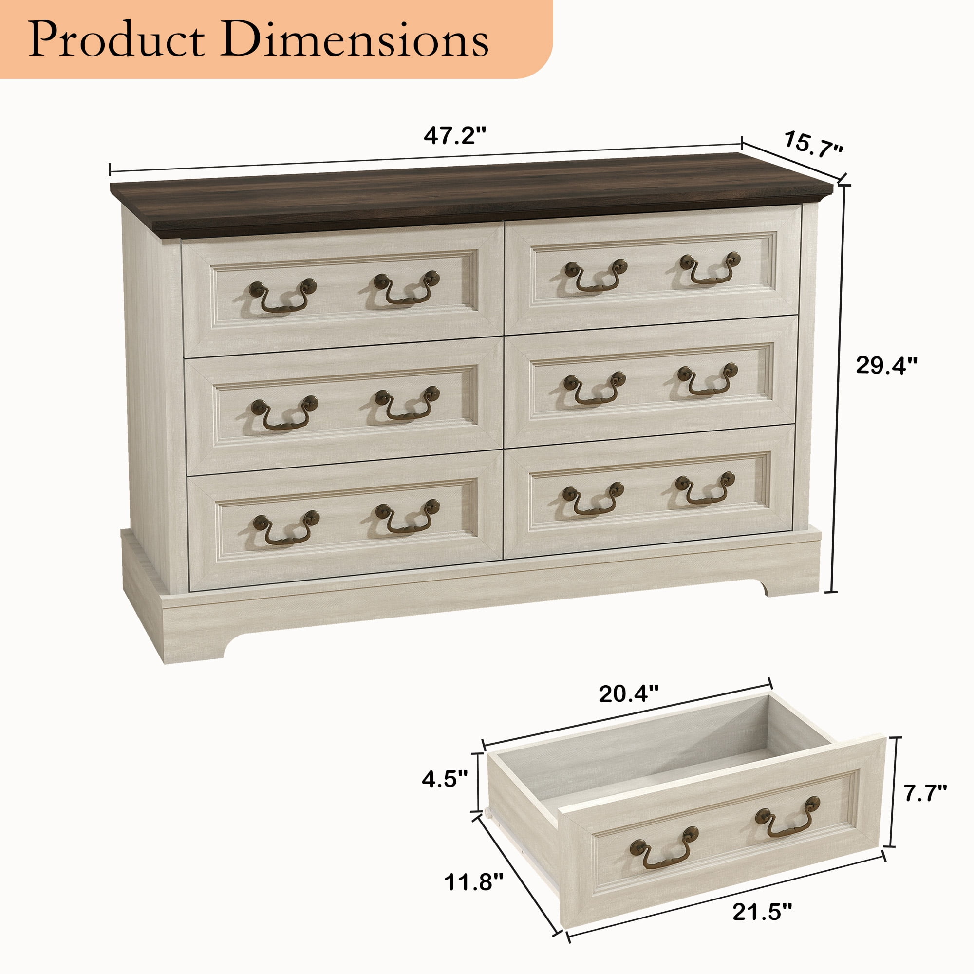 Farmhouse 6-Drawer Dresser, 47.2" Storage Chest for Bedroom, Living Room & Hallway, Gray