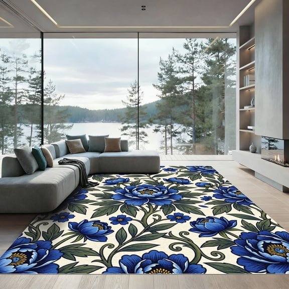 ODIKA 4'x6' Machine Washable Non-Slip Area Rug, Chinoiserie Blue High Traffic Rug, Blue, 1268832