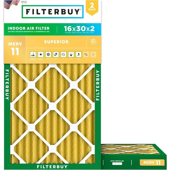 Filterbuy 16x30x2 Air Filter MERV 11 Allergy Defense, Pleated HVAC AC Furnace Filter Replacement, 2-Pack
