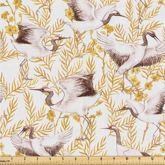 Ambesonne Birds and Nature Fabric by the Yard Upholstery, Simple Crane Art, 1 Yard, Marigold Dried Rose Ivory