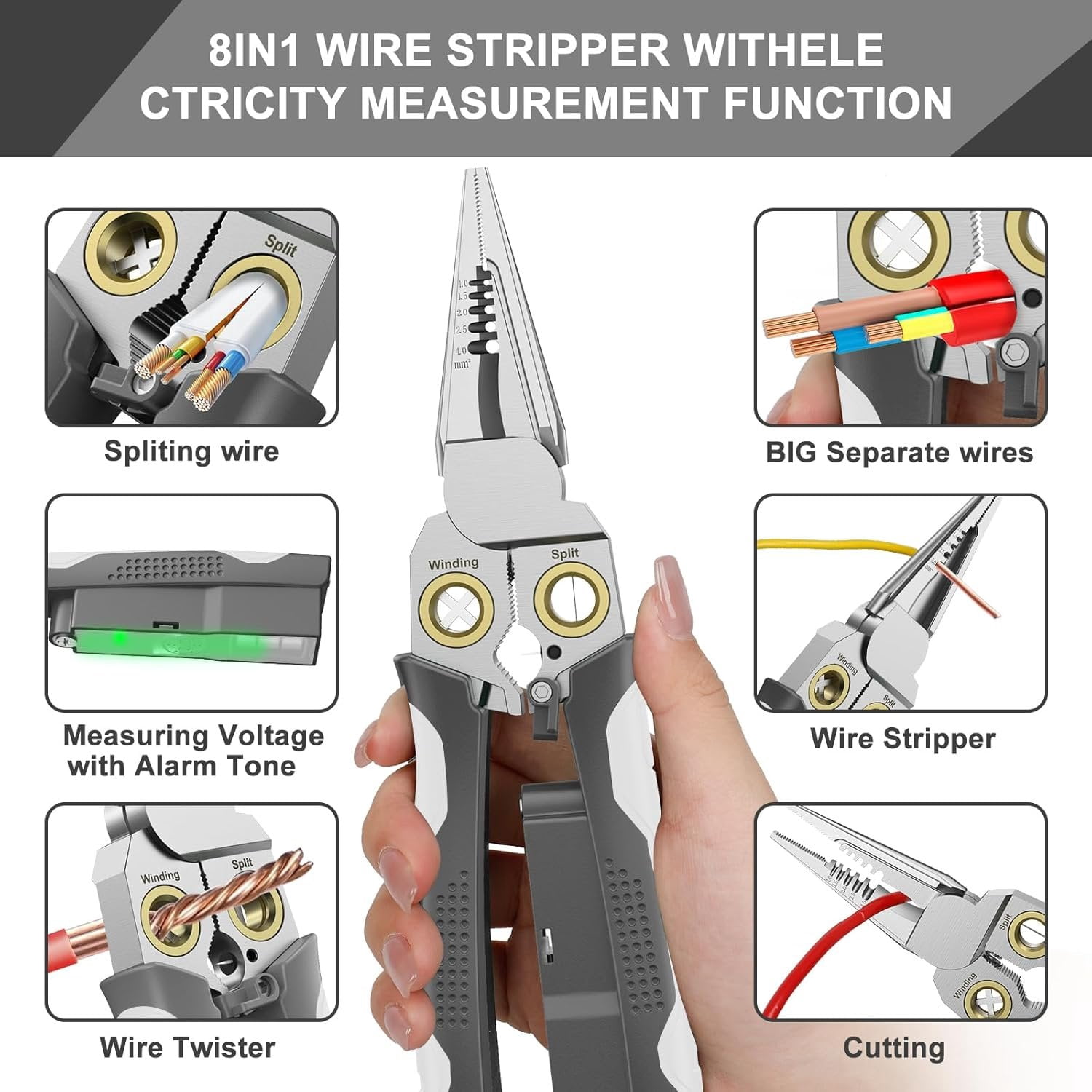 Pro 8-in-1 Wire Stripper/ with  Tester & Dual Alarms - Heavy Duty 12-250V  Electrical Tester for Hot/Neutral Wires - Electrician, HVAC,  Repair Tool (Gray)