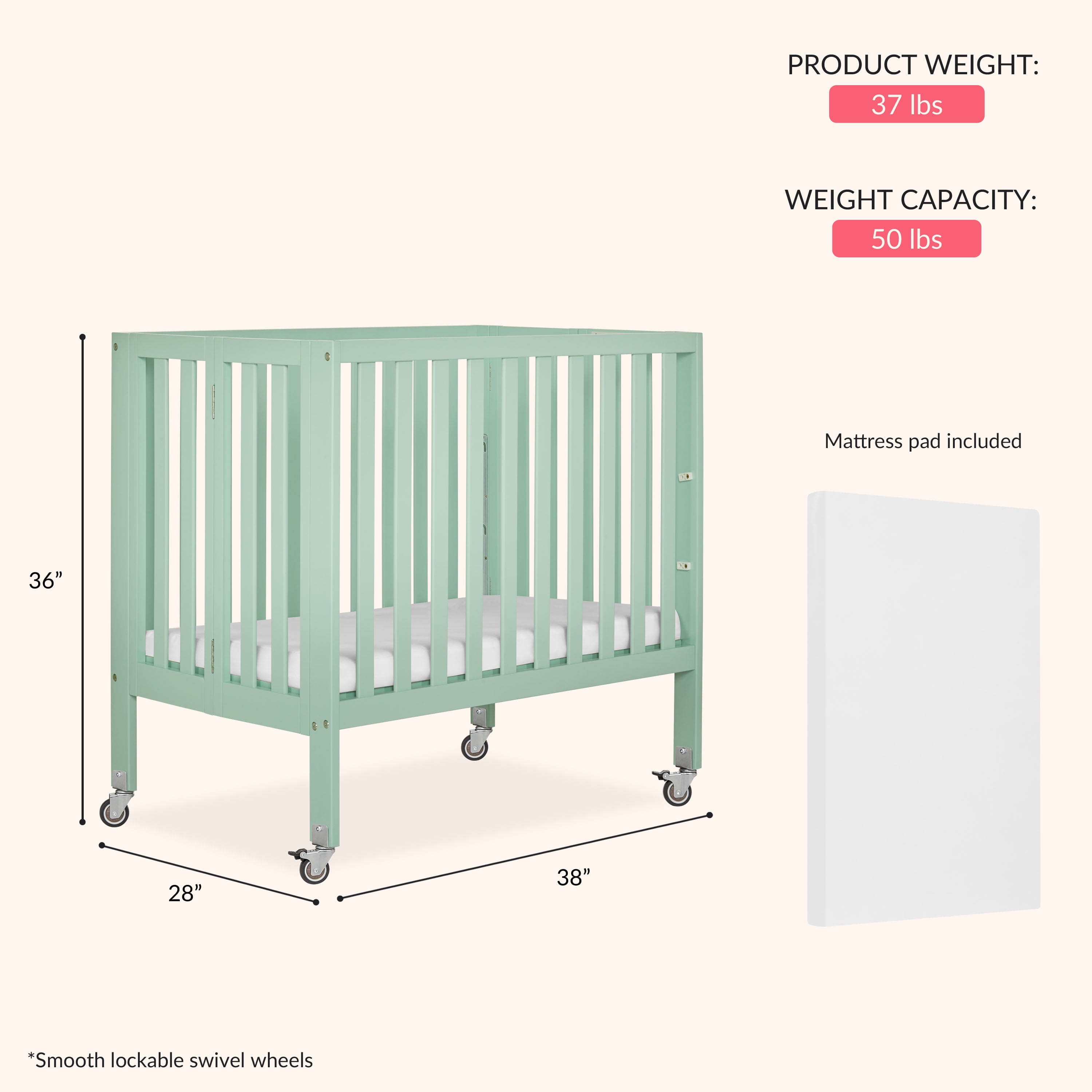 Dream On Me Jett Non-Full Size Folding Crib I Removable Wheels I Modern Nursey I Adjustable Mattress Support I Patent Folding System I Included 2.5” Mattress In Mint