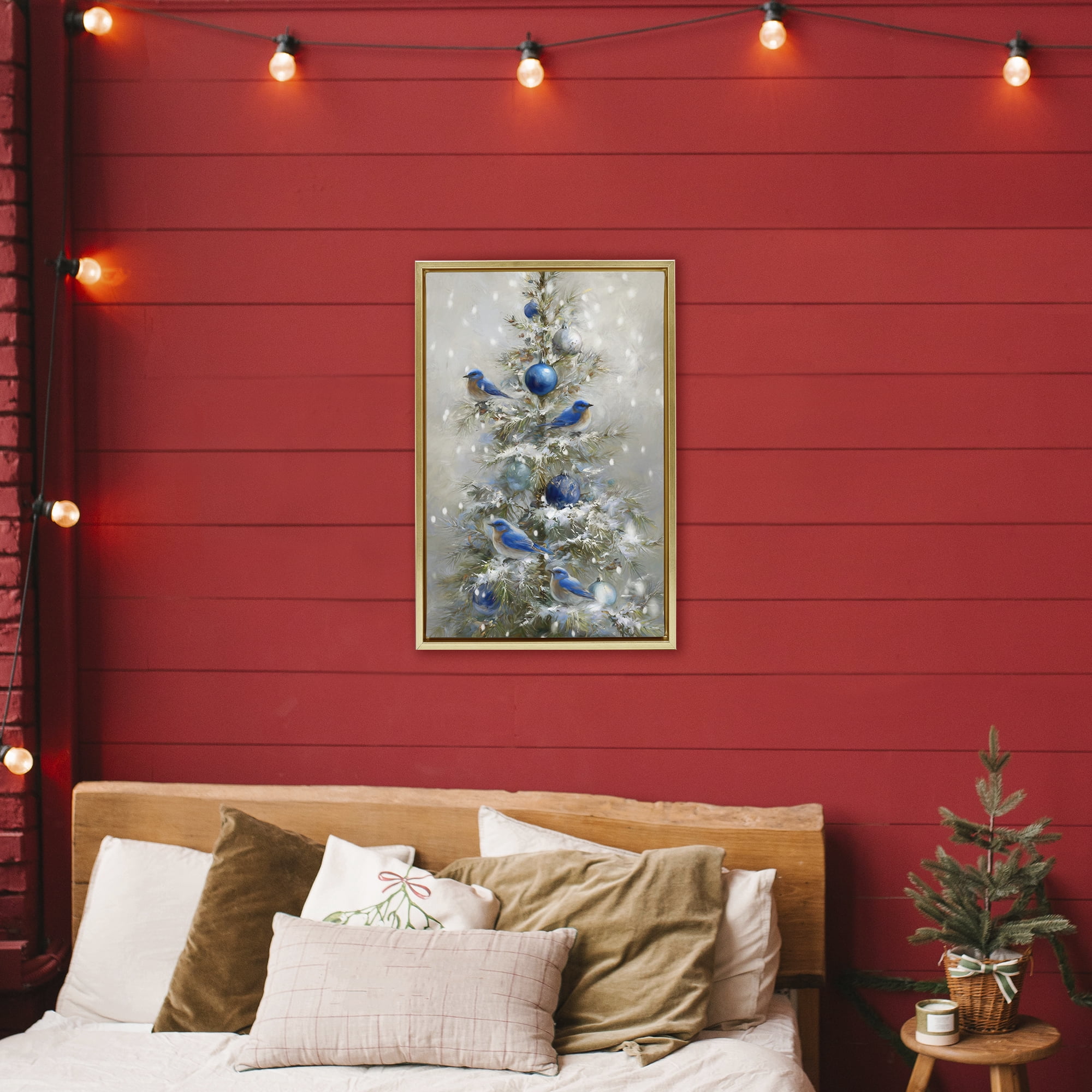 Stupell Industries Blue Bird Christmas Tree Gold Framed Floater Canvas Wall Art, design by Tina LeCour