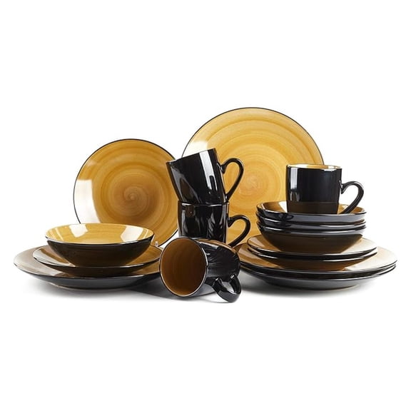 16 Piece Dinner Set, Outside Black Inside Handpainted Color Yellow with speckle