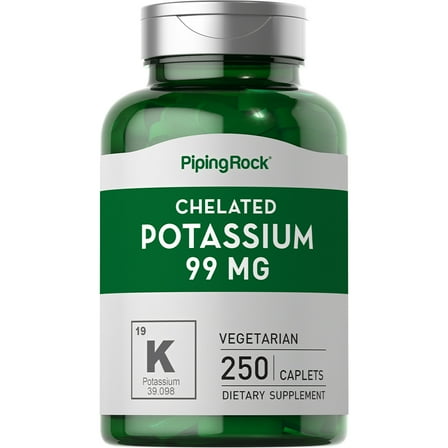 Chelated Potassium (Gluconate) 99 mg | 250 Caplets | Non-GMO, Gluten Free | By Piping Rock