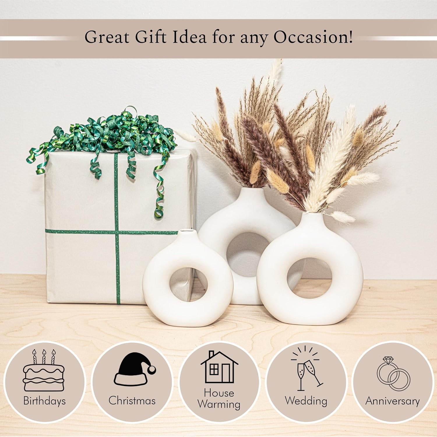 XH Set of3 White Ceramic Vase with 65 PCS Dried Pampas Grass Flowers Aesthetic Boho Modern Small Round Cute Vases for Decor Living Room Coffee Table Shelf Bedroom Office Desk Home Gifts Women Mom