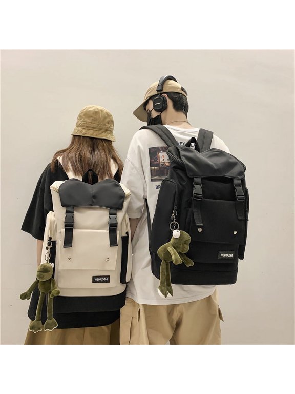 Tooling Style Flap Backpack, Contrast Color And Large Capacity,White