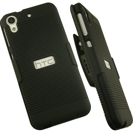 NAKEDCELLPHONE'S BLACK RUBBERIZED RIBBED HARD CASE COVER + BELT CLIP HOLSTER STAND COMBO FOR HTC DESIRE 626s AND HTC DESIRE