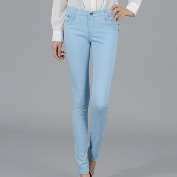 QUINDOS Slim Leg Pants for Women Ankle Length Low Waisted Casual Jeans Denim Button Relaxed Fit Pants with Pockets