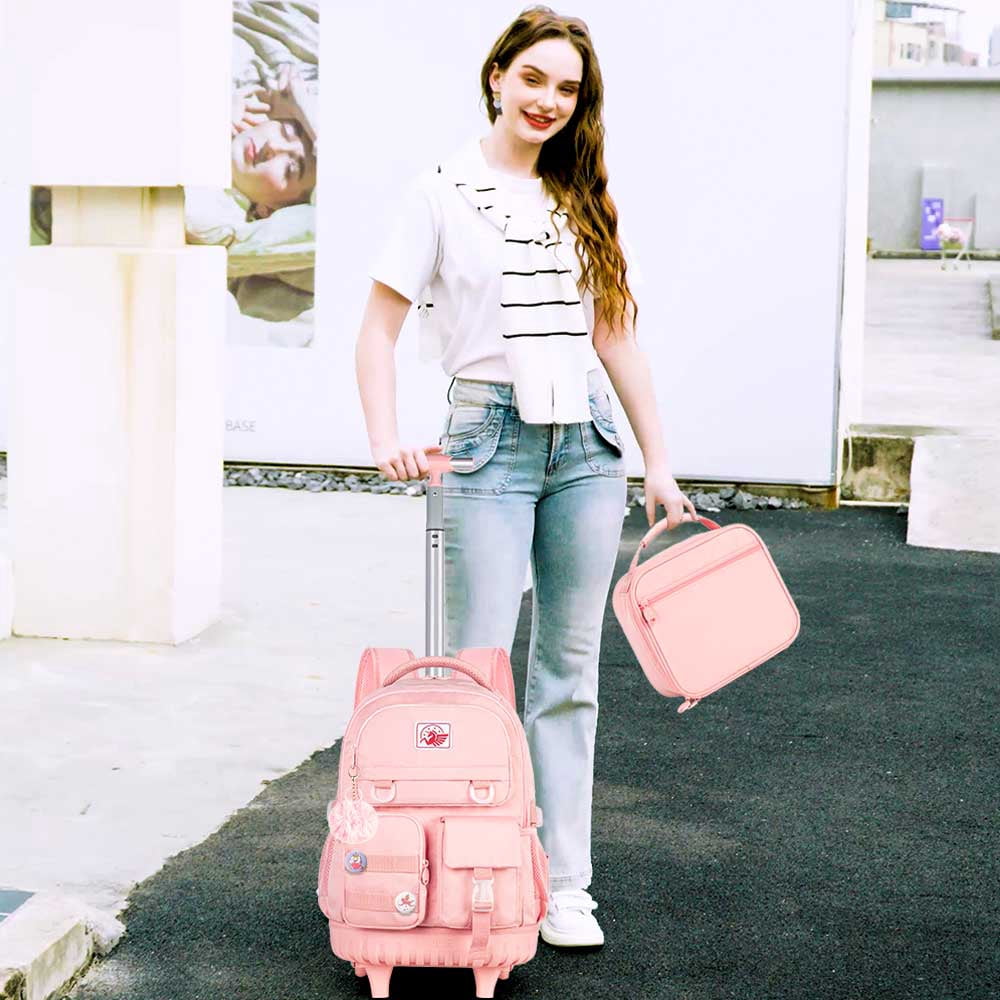 AGSDON Rolling Backpack for Girls and Women, Roller Wheels School Bookbag, Wheeled Suitcase Backpacks with Lunch Bag for Teen - Pink