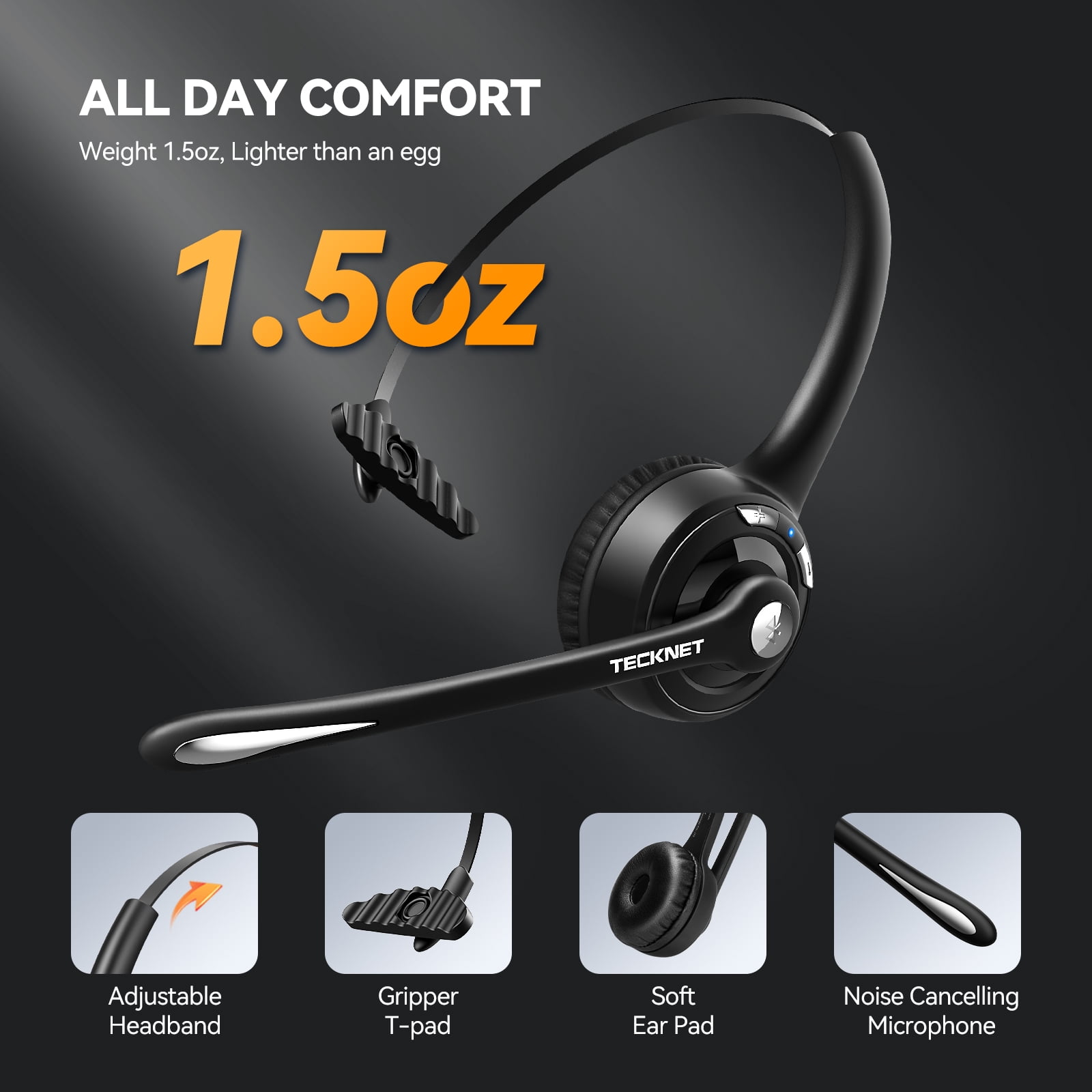 TECKNET Bluetooth Headset, Wireless Headset with Noise Canceling Microphone for Trucker, On-Ear Bluetooth Headphone with Mute Mic for Work