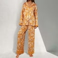 thumbnail image 2 of Wang6 Women's Satin Silk Pajamas Sets Soft 2 Piece Long Sleeve Pjs Sets V Neck Button Shirts Wide Leg Pants Ladies Loose Fit Floral Printed Sleepwear Lounge Sets Orange M, 2 of 7