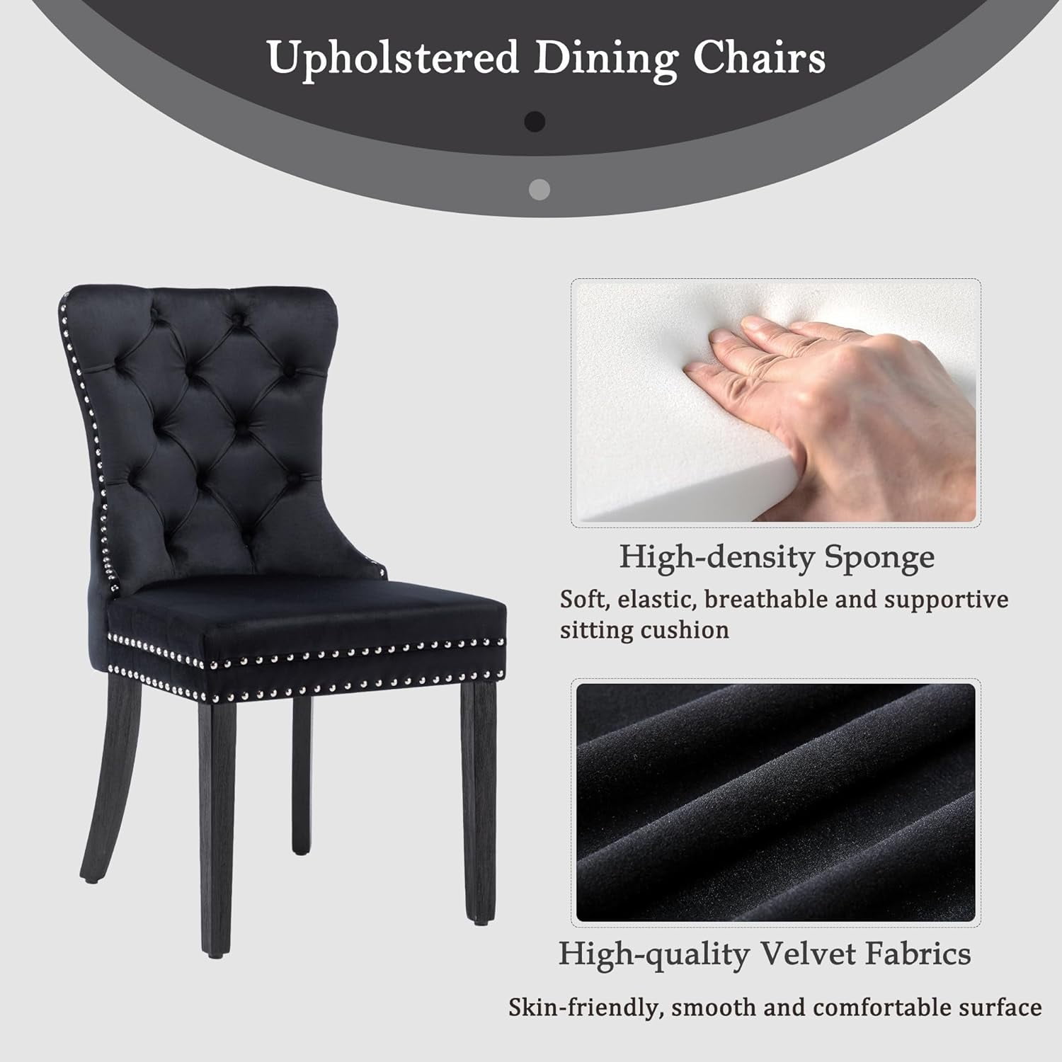 Velvet Dining Chairs Set of 4, Upholstered High-end Tufted Dining Room Chair with Nailhead Back Ring Pull Trim Solid Wood Legs, Nikki Collection Modern Style for Kitchen, Black