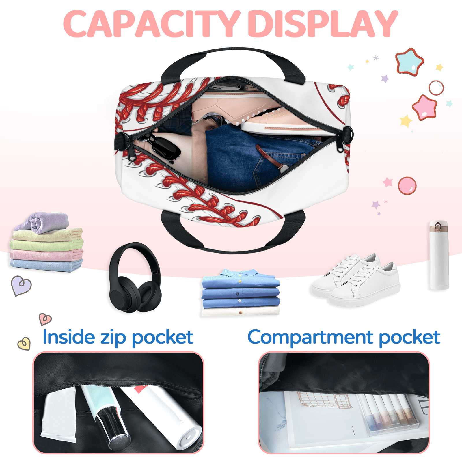 Herdesigns Baseball Travel Duffle Bag Sports Yoga Weekender Overnight Carry on Workout Bags Lightweight Waterproof Gym Tote Bag for Women Red Ball Sports