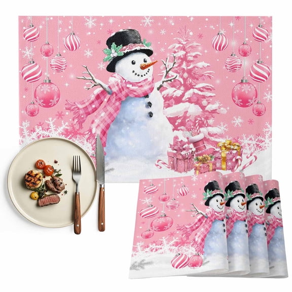 Pink Snowman Placemats Set of 4, Christmas Balls Tree Gift Snowflake Table Mats Washable Heat-Insulation Non-Slip Place Mats for Kitchen Dinner Table Indoor Outdoor Decor,13x19 Inch