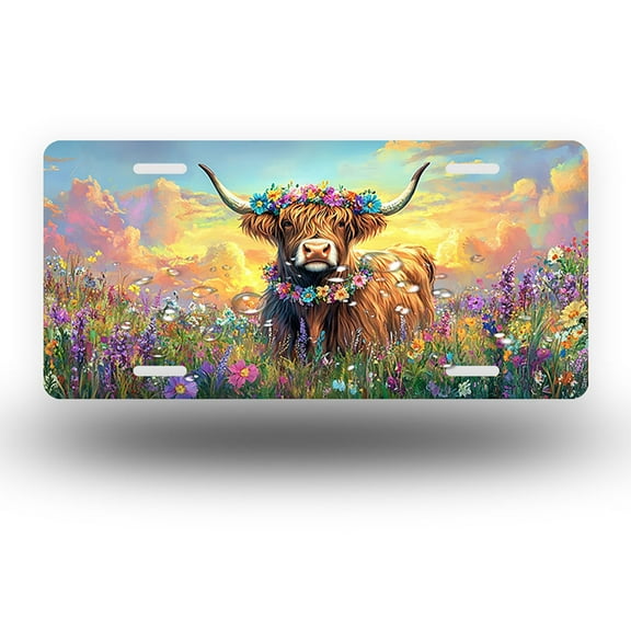 License Plate,Highland Cow at Sunset with Flower Crowns Decorative Front,Personalized Stainless Steel License Plate Cover For Men Women,12.2" X 6.2"