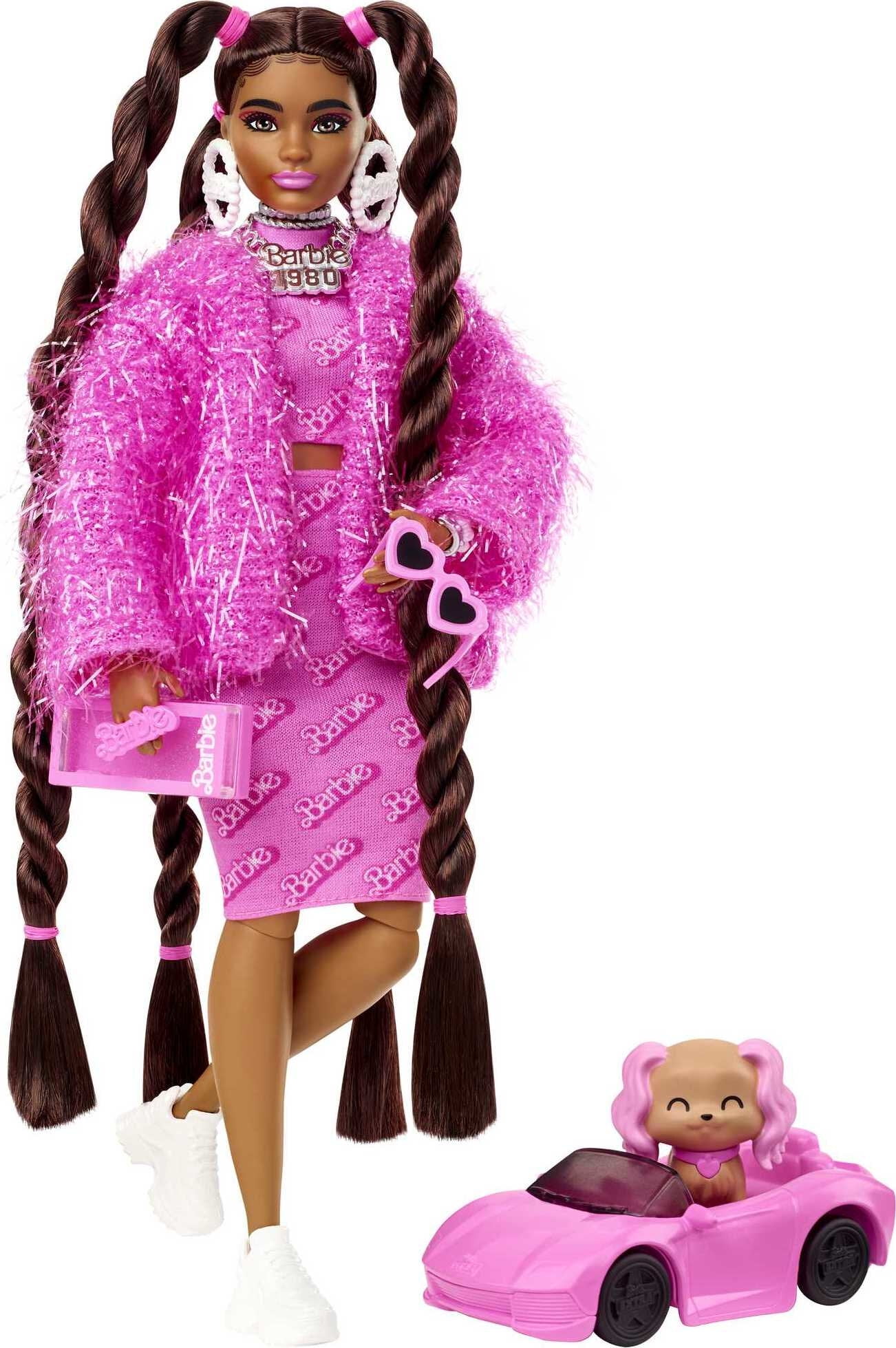 Barbie Extra Fashion Doll with Long Brunette Hair, Pink 2-Piece Outfit ...