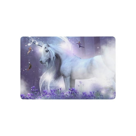 CADecor Majestic Unicorn with Three Fairies Sending Magic Sparkles Door Mat Home Decor, Purple Flowers Field Indoor Outdoor Entrance Doormat 23.6x15.7
