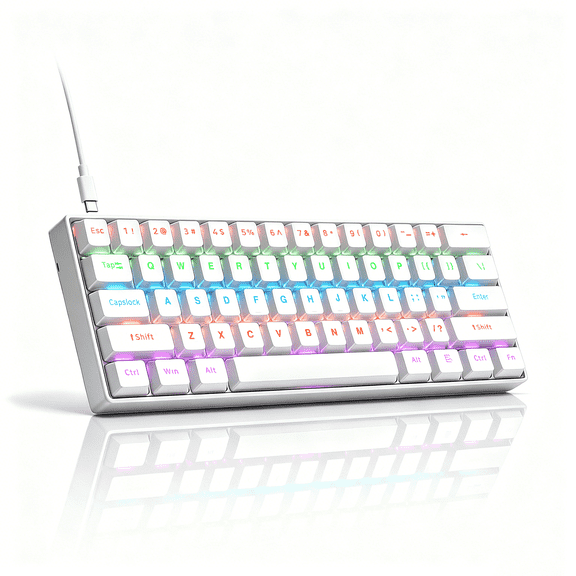 60% Percent Gaming Keyboard, Compact RGB Backlit Ergonomic Small Mini Keyboard for Windows Laptop PC Linear Blue Switch(61 Keys, White)