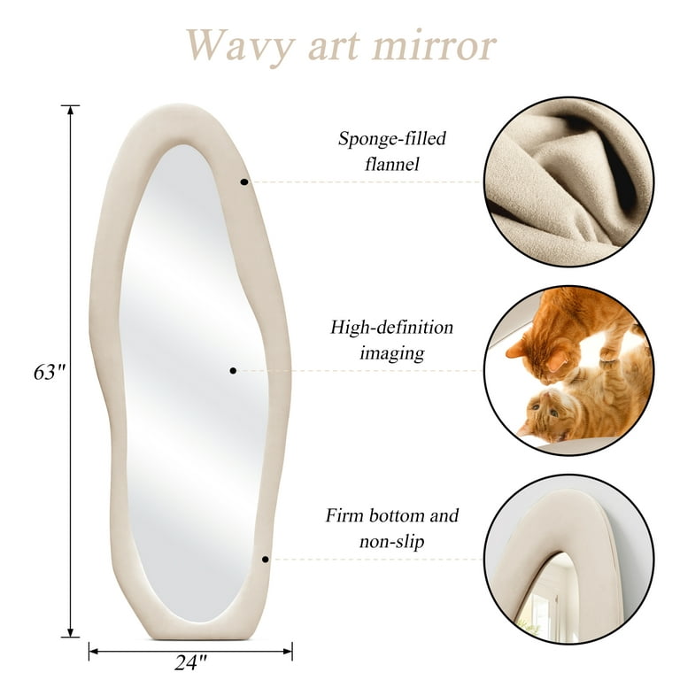 AUSTUFF Full Length Mirror 63x24 Irregular Wavy Mirror Floor Mirror Wall  Mirror, Beige 