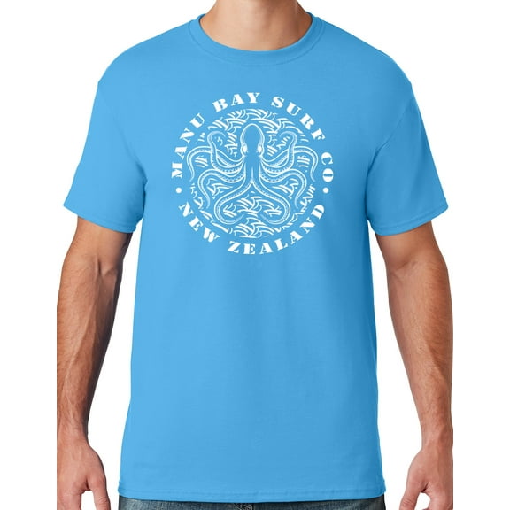Mens Manu Bay Surf Company WHITE OCTOPUS T-shirt, 4XL Aqua Blue