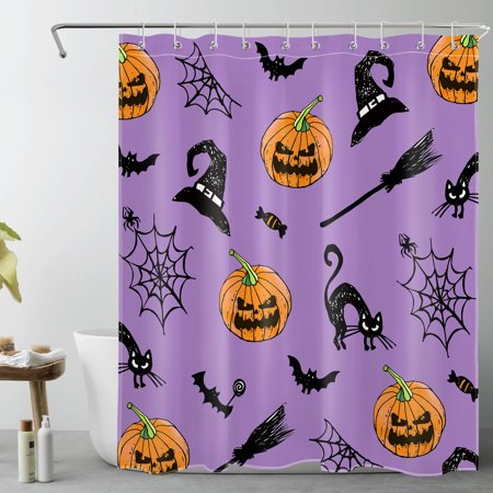 HVEST Halloween Pumpkin Shower Curtain for Bathroom Black Cat Bat with Spider Web on Purple Bathroom Shower Curtains with Hooks, Witch Hat and Broom Bathroom Curtains Shower Set 60x72 inch