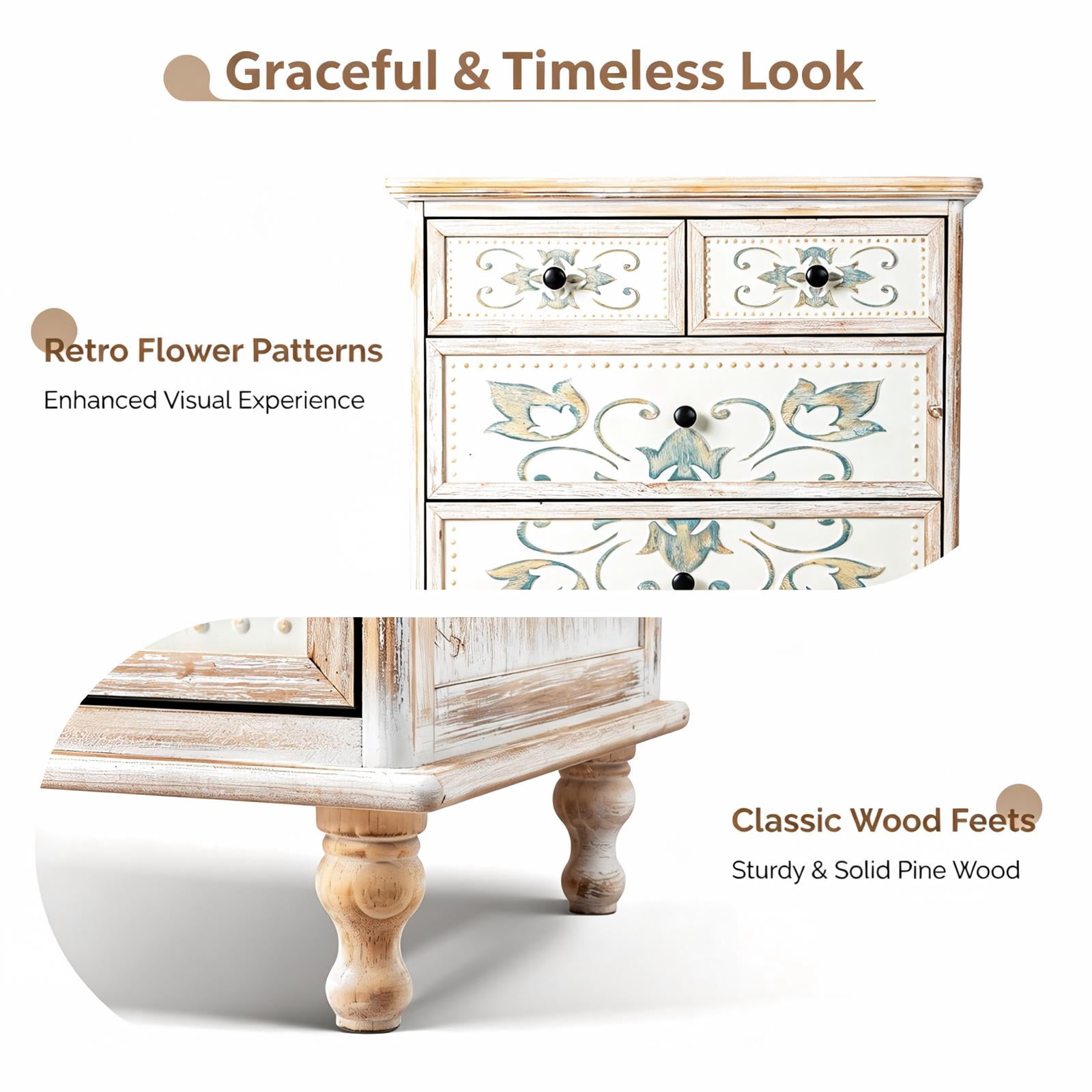 6-Drawer Carved Dresser, MDF and Solid Wood Leg, Tall Narrow Chest for Bedroom, White
