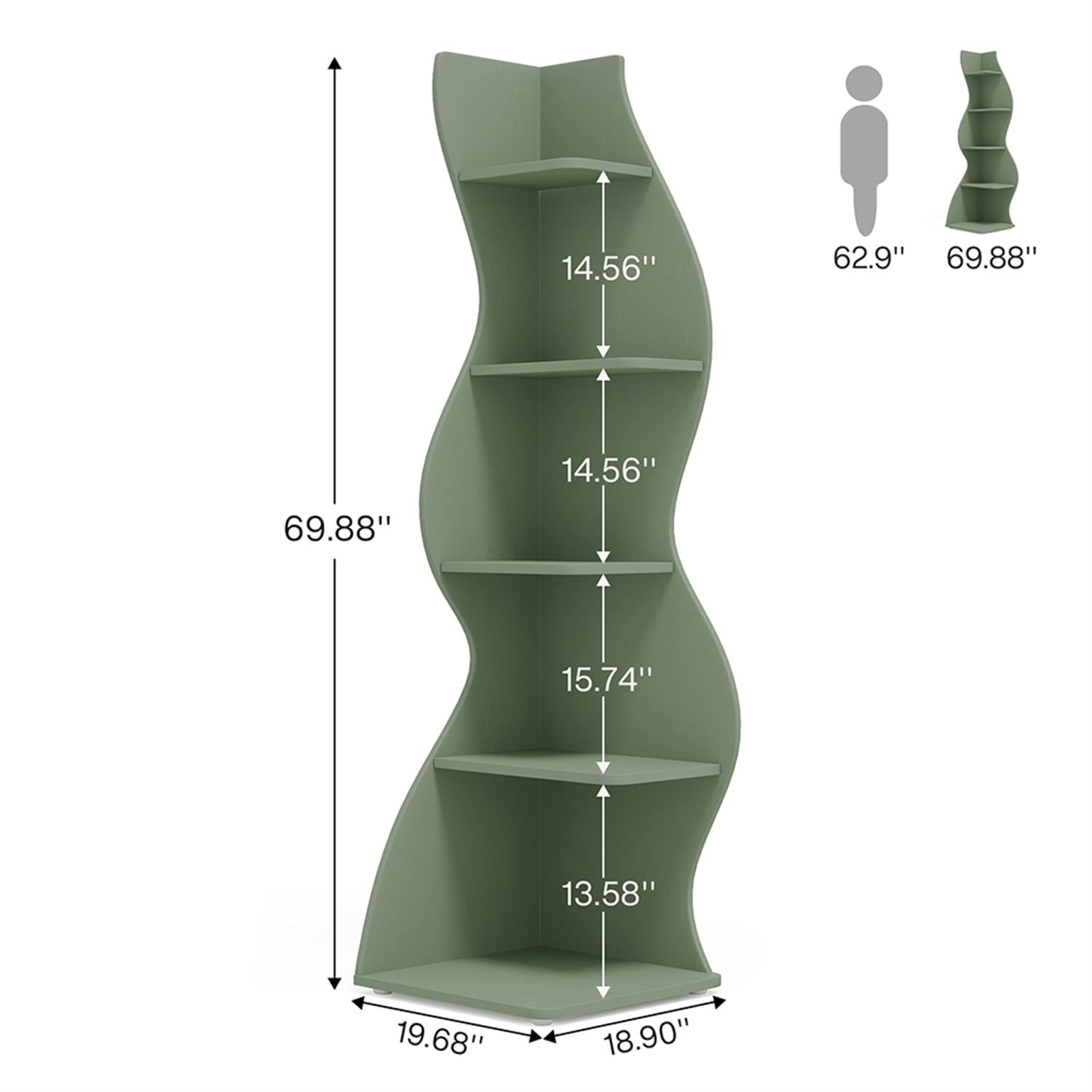 Demi Bonn 5-Tier Corner Bookcase, Wood Bookshelf Storage Organizer, 70" Tall Display Standing Shelf Unit for Bedroom, Living Room, Green