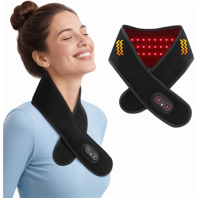 Biwat Neck Heating Pad with Vibration, Portable Cordless Heated Scarf, Compact Soft with 3 Heat Settings, 3 Adjustable Vibration Intensities Heating Pad with Red Light for All Body Parts, Black