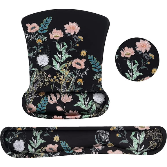 MOSISO Wrist Rest Support for Mouse Pad&Keyboard Set, Wild Flowers Ergonomic Mousepad&Coaster Non-Slip Base Home/Office Pain Relief&Easy Typing Cushion with Neoprene Cloth&Raised Memory Foam