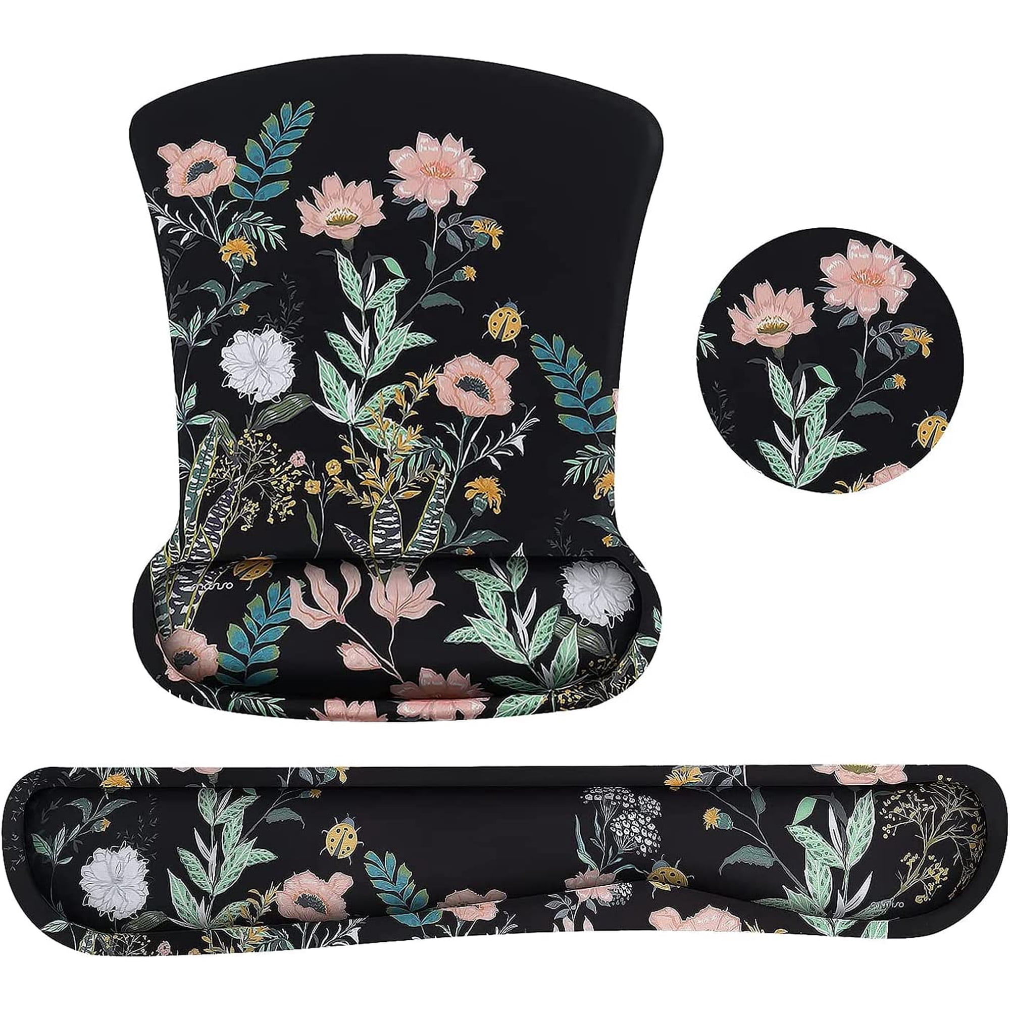 MOSISO Wrist Rest Support for Mouse Pad&Keyboard Set, Wild Flowers Ergonomic Mousepad&Coaster Non-Slip Base Home/Office Pain Relief&Easy Typing Cushion with Neoprene Cloth&Raised Memory Foam