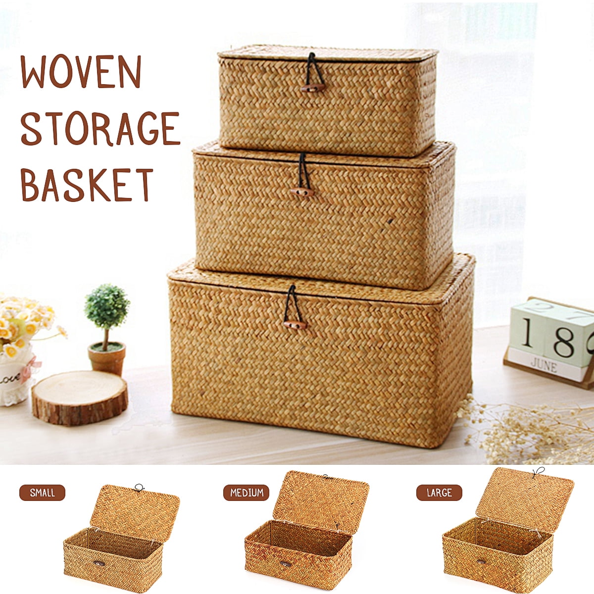 Set of 3, MultiPurpose Woven Storage Baskets with Lids, Storage
