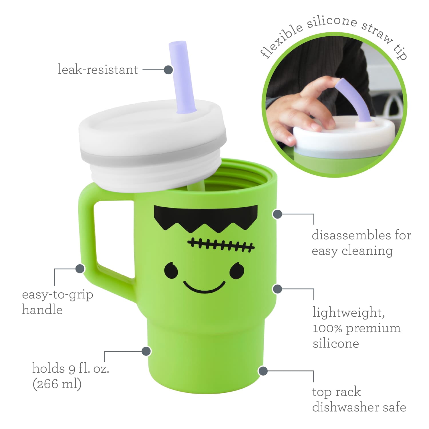 Infantino My 1st Tumbler – Adorable 9oz. Training Cup with Toddler-Friendly Straw and Handle, Frankenstein