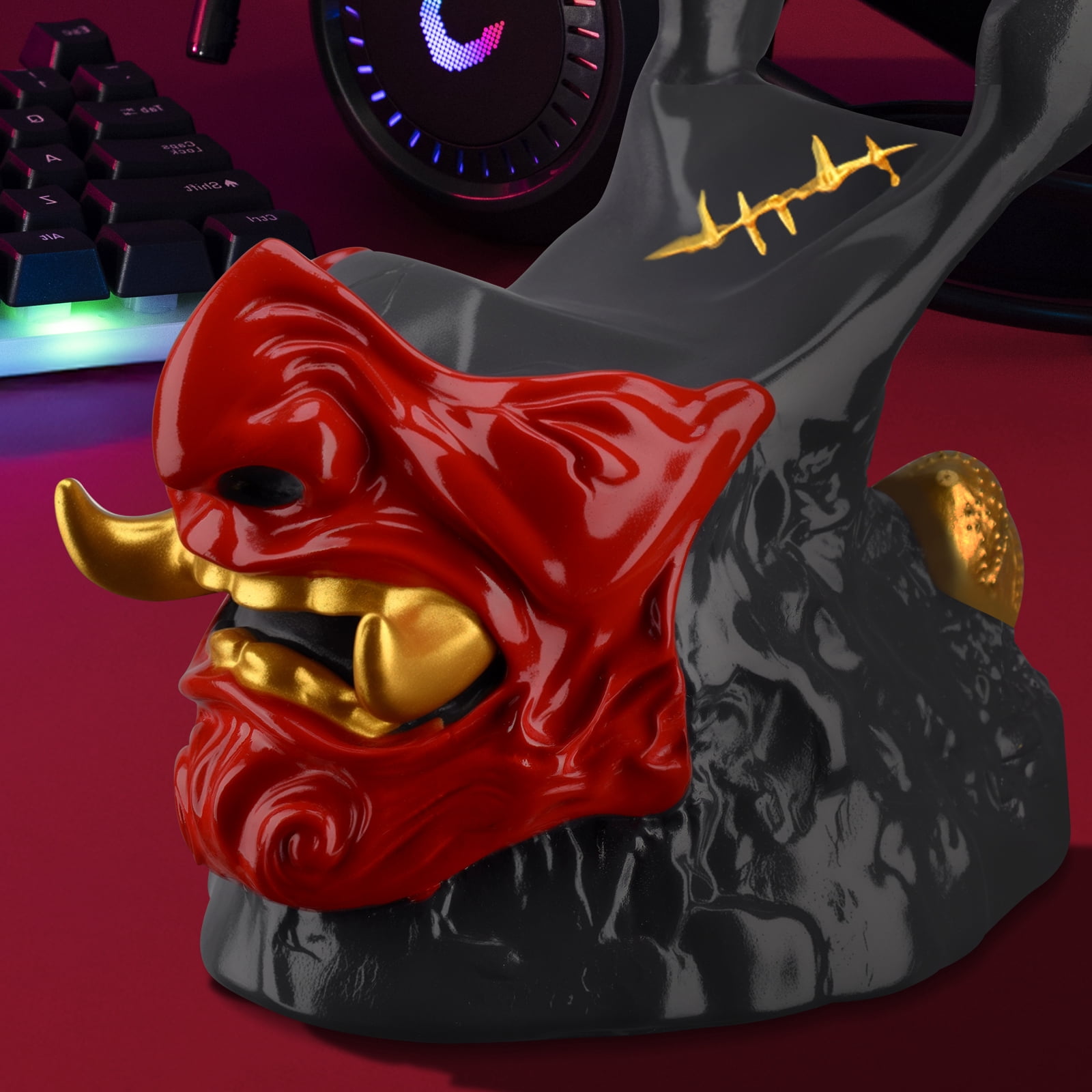NiHome Samurai Warrior Mask Gaming Controller Holder Stand for PS5 Xbox Switch & Headsets, Handcrafted Resin Sculpture Desktop Display Organizer for Gamers, Multi-Device Charging Dock for Smartphones