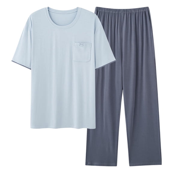 PNTUTB Men's Solid Color Casual Loose Crew Neck Short Sleeve Pocket T Shirt with Elastic Waistband Pants Homewear Set