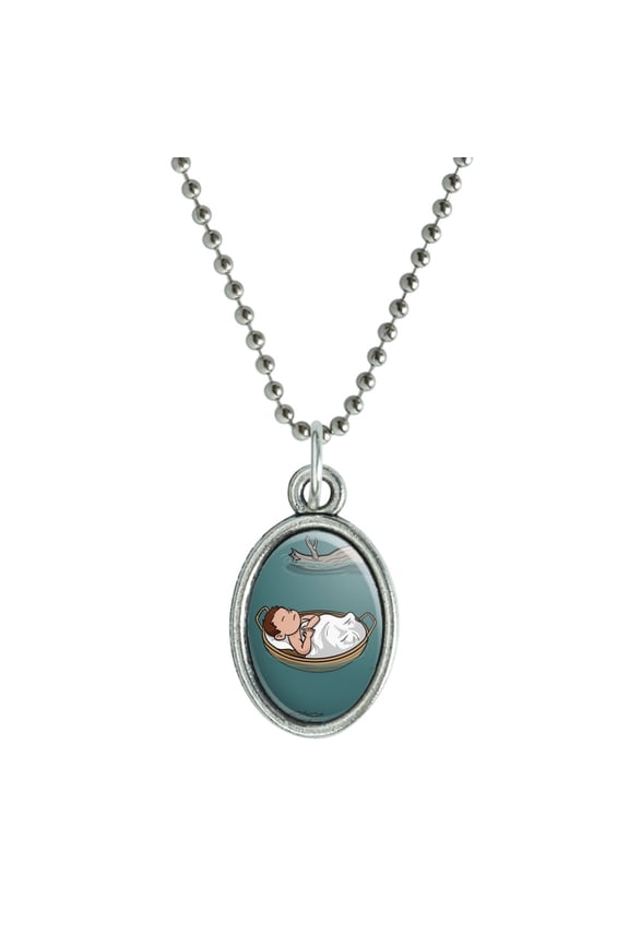 Baby Moses in a Basket Christian Antiqued Oval Charm Pendant with Chain
