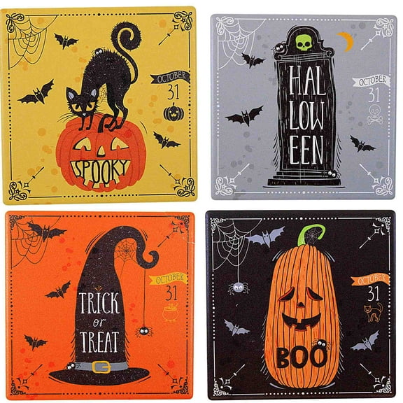 Ganz Halloween Coasters - Set Four Coasters 4 Inch, Ceramic - Black Cat Trick Treat Mh190296