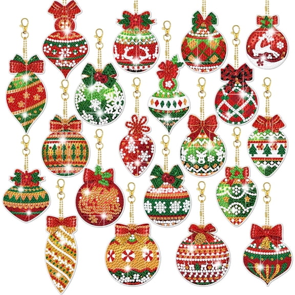 20 Pcs Christmas Diamond Painting Keychain Kits 5D DIY Diamond Art Pendants Double Sided Hanging Key Chains for Christmas Party Decoration DIY(Balls Style)