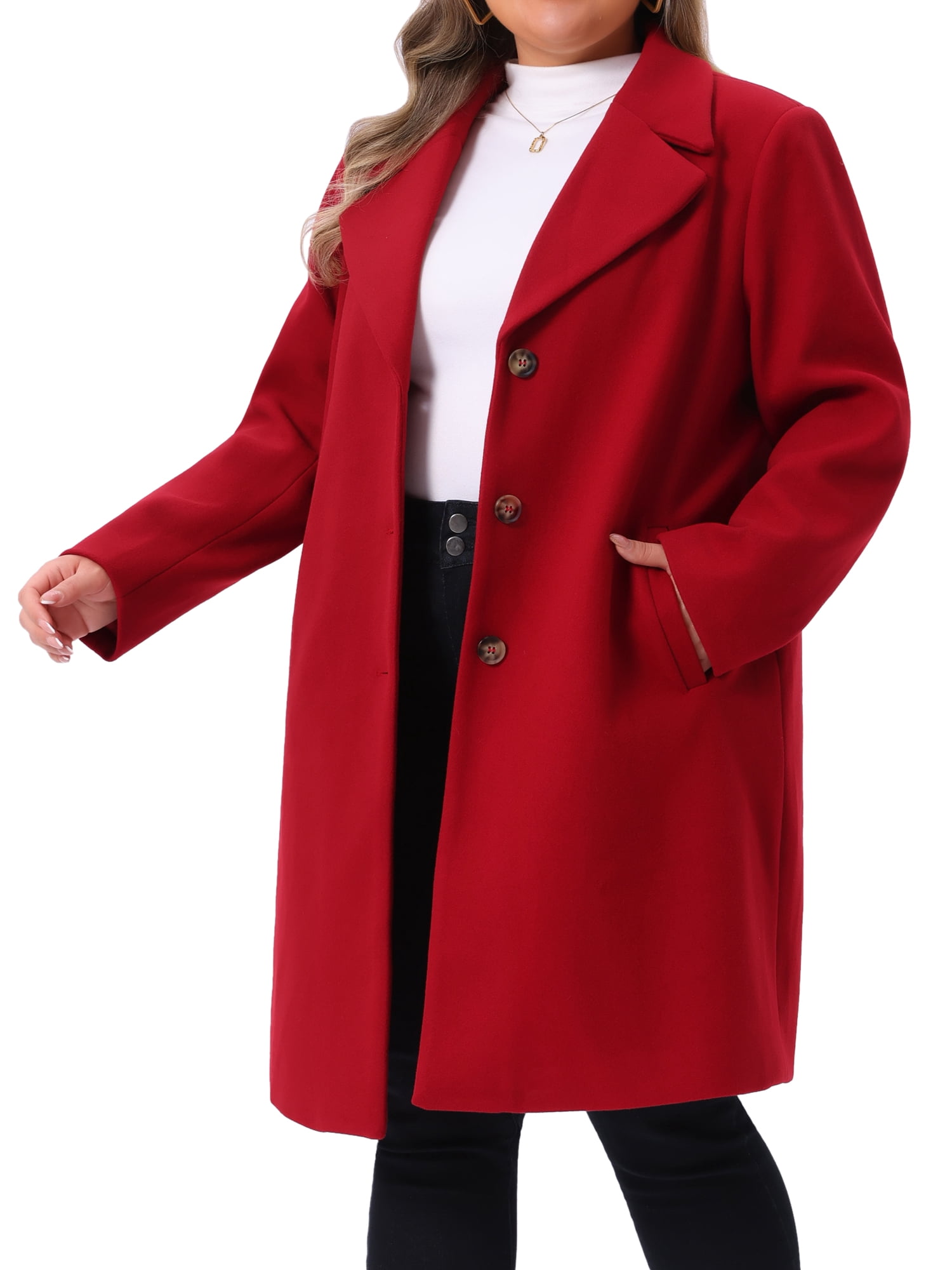 DARING DIVA Women's Plus Size Mid Length Notch Lapel Pea Coat 4X Wine Red