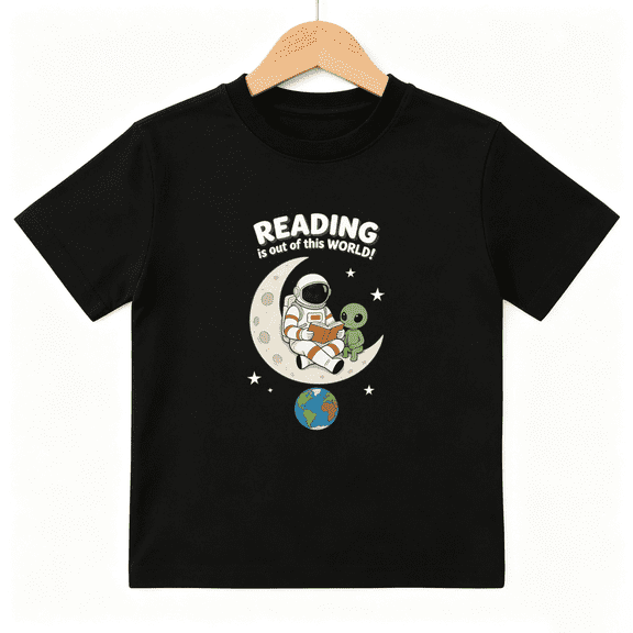 Astronaut Reading Boys Graphic Tee, Space Alien Moon Bookworm 100% Cotton Kids Short Sleeve T-Shirt