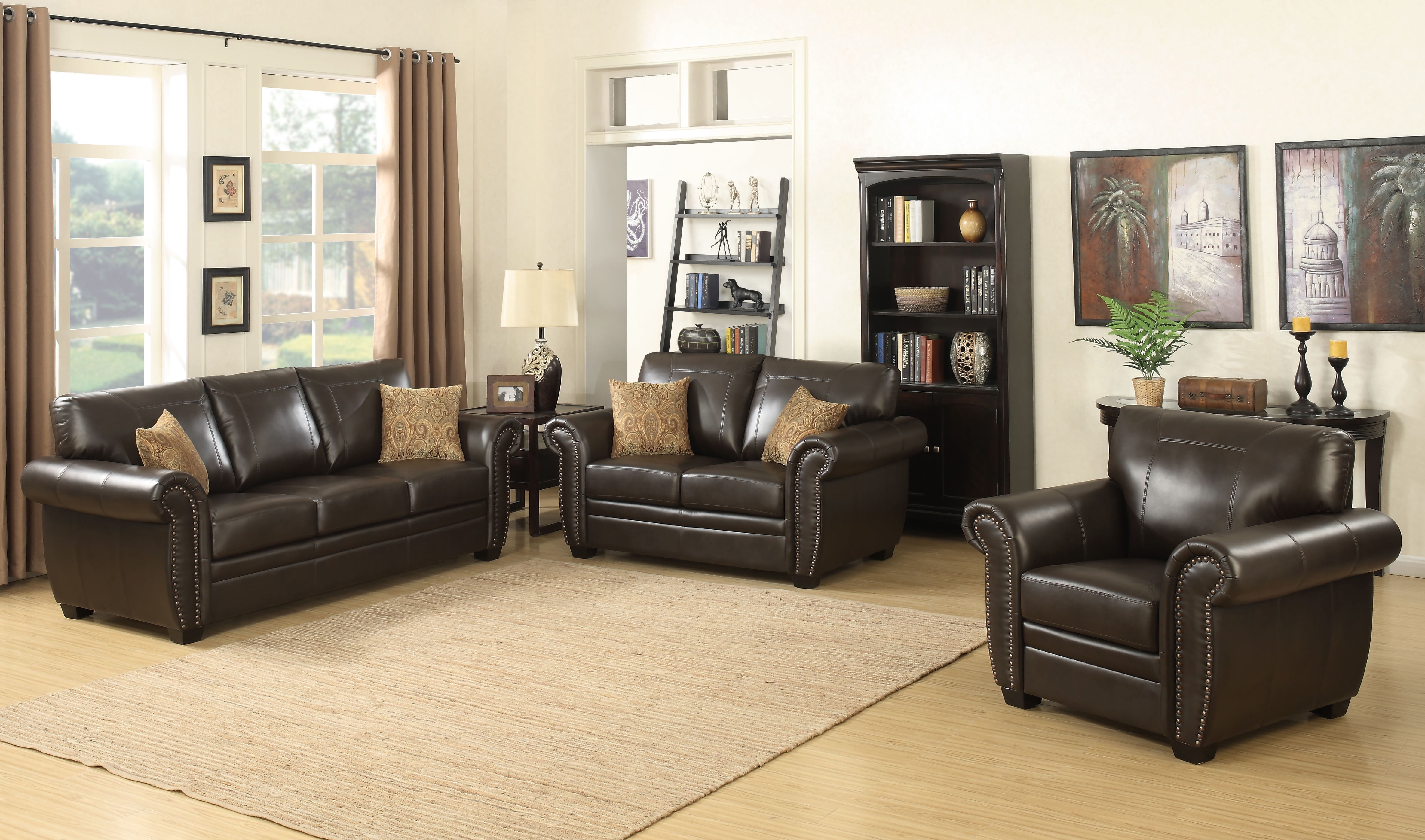 3-Piece Brown Leather Living Room Set