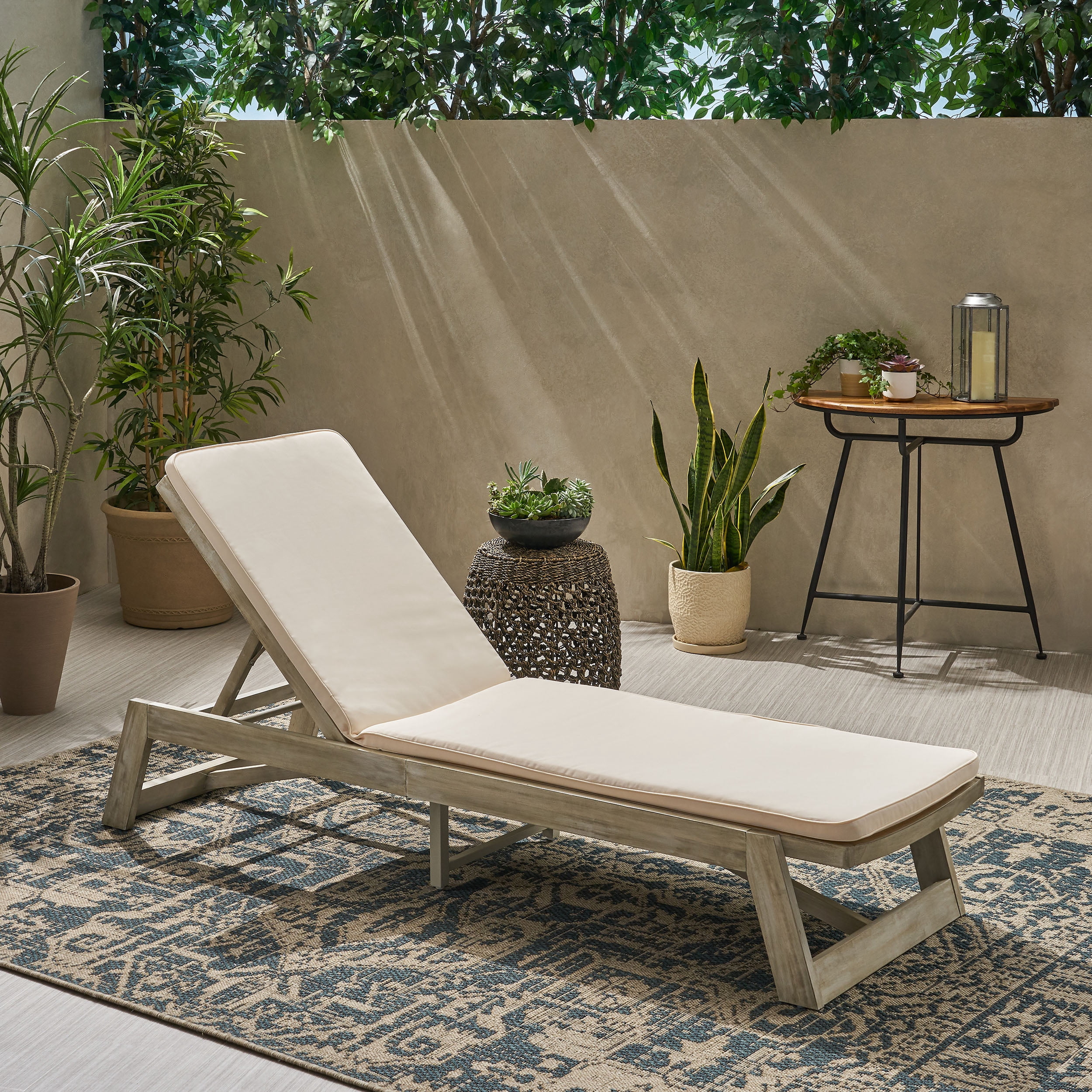 Cullen Outdoor Acacia Wood Chaise Lounge and Cushion Set, Light Gray and Cream