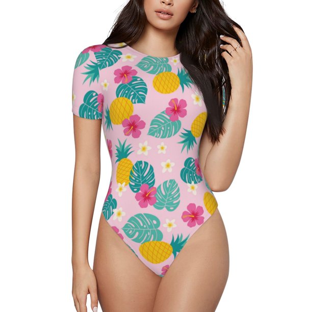 Fotbe Pineapple And Leaves Body de Mujer con Cuello Redondo y Mangas Cortas, Sin Mangas Ajustado, Suave, Cómodo y Básico-Small