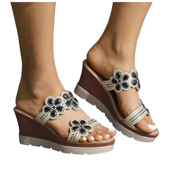 Mepaouo Womens Wedge Sandals Rhinestone Platform Slides Open Toe Summer Beach Walking Slip on Shoes