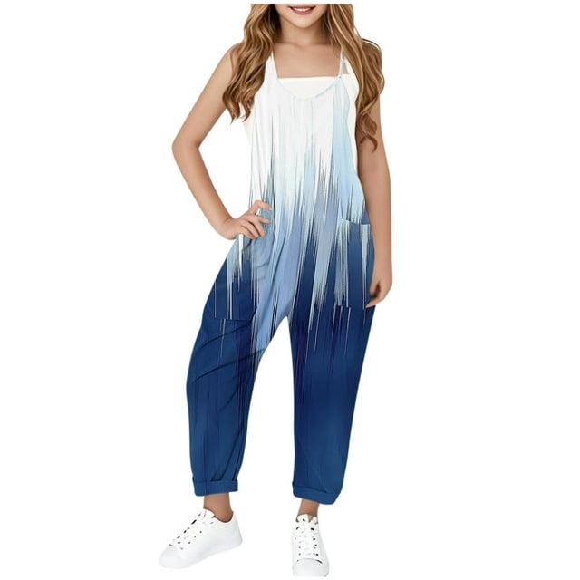 MKOSPLRT One Piece Jumpsuits for Girl V Neck Spaghetti Strap Overalls Color Block Lounge Harem Long Jumpsuits Summer Jumpers with Pokcets